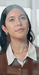 Thinking, window and business woman in office with planning for project, ideas and news article. Media agency, creative and person with inspiration for proofreading, editing report and submission