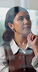 Thinking, glass wall and business woman in office with planning for project, ideas and news article. Media agency, creative and person with inspiration for proofreading, editing report and submission