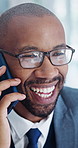Phone call, smile and black man in office with communication, feedback or investment networking. Happy, cellphone and venture capitalist on mobile discussion for review on business growth at agency.