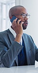 Phone call, contact and black man in office with communication, feedback or investment networking. Talk, cellphone and venture capitalist on mobile discussion for review on business growth at agency.