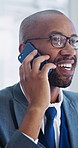 Phone call, happy and black man in office with communication, feedback or investment networking. Smile, cellphone and venture capitalist on mobile discussion for review on business growth at agency.