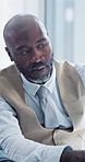 Meeting, review or black man in firm with discussion, forecast or growth plan in budget track. Talking, brief or mature finance advisor with tech, profit outlook or revenue update with feedback.