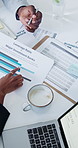 Meeting, above and hands of business people with documents, graphs and chart for finance report. Corporate, team and workers with laptop, paperwork and leverage ratio for investment banking in office