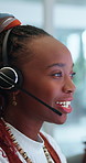 Headset, black woman and call center consultant in office for crm, voip and online consultation. Happy, mic and technical support agent in workplace for customer care, help desk or contact us.