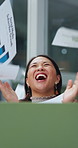 Laptop, women and clap with documents in office, celebration or excited for financial milestone. Computer, team or fist pump for success, good news or applause for investment reward with paper in air