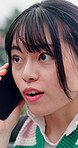 Shock, phone call and woman in city with communication, networking or feedback on university results. Happy, cellphone and Asian student on mobile conversation with surprise for college acceptance.
