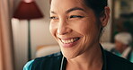 Smile, thinking and woman nurse in retirement home for healthcare, medical service or vision. Assisted living, help and idea with happy caregiver in apartment for elderly care, reflection or solution