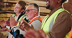 Manager, people and applause in carpenter workshop with manufacturing success, goals and teamwork. Happy, men and clapping in factory with woodwork procurement deal, achievement and collaboration.