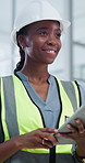 Thinking, black woman and engineer in office with tablet, research and agenda for architecture. Smile, person and vision in workplace with digital, inspection and compliance for building development