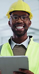 Face, black man and engineer in office with tablet, research and schedule for architecture. Portrait, male person and smile in workplace with tech, inspection and compliance for building development