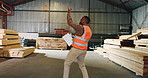 Excited, man or carpenter in workshop with dance, clipboard or success for woodwork procurement deal. Happy, black person and groove in factory with checklist, celebration and carpentry achievement.