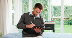 Physiotherapist, research and man with tablet in office, healthcare or reading patient report on web. Physical therapy, stylus and writing treatment plan on app, scroll and happy person with tech