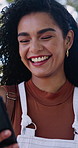 Woman, student and laugh in nature with phone, chat and scholarship update for education. Smile, female person or humor outdoor with mobile app, study schedule and university application for learning