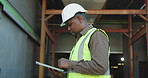 Black man, reading and logistics in warehouse with tablet, research and supply chain for shipping. Person, scroll and review at depot with tech, schedule dispatch and inventory stock for distribution
