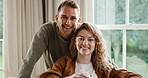 Support, face or couple in house with smile, partner loyalty or bonding together in connection. Love, trust or happy people with portrait, romantic moment or healthy relationship in living room.