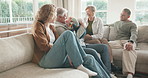 Grandparents, parents and laugh in lounge with baby, visit and bonding together for weekend break. Happy people, family generations and boy child play in home with conversation, love and connection.