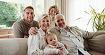 Face, family and happy at house with baby, love or parental support for bonding together. Portrait, grandparents or parents on sofa with toddler, generations and nurturing childcare for weekend break