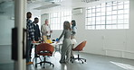 Architect, team and talk in office with manager for project scope, construction cost or delegation. People, architecture and planning in meeting with laptop, design revision or engineering budget