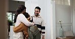 Home, hug and parents with child for leaving, morning commute and ready for work or school.  Family, goodbye and boy with mom, dad and backpack for education, career and bonding for daily routine