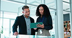 Finance, discussion or people in agency with tablet, funding ideas or collaboration with pitch review. Digital, team or investors with tech, budget feedback or proposal plan in partnership briefing.