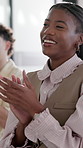Business, victory or woman in seminar with clapping, achievement and celebration for agency growth. Happy, success or employee with conference, crowd applause and motivation for company milestone.