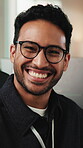 Digital, face or man in tech agency with laugh, web developer or positive attitude in IT industry. Happy, glasses or programmer with confidence, coding specialist or about us as software engineer.