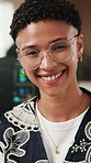 Digital, face or woman in tech agency with smile, web developer or positive attitude in IT industry. Happy, glasses or programmer with confidence, coding specialist or about us as software engineer.