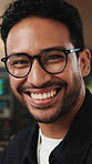 Pride, face and man in tech agency with laugh, web developer and positive attitude in IT industry. Happy, glasses and programmer with confidence, coding specialist and about us as software engineer.
