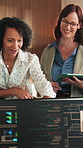 Smile, people and computer in office for programming, research and training for software update. Happy, team and programmer in workplace with tablet, coaching and coding advice for debugging system 