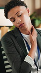 Woman, programmer and stress with neck pain in office for muscle tension, overworked or bad posture. Tired, female person or fatigue with sore shoulder for strain, pressure or discomfort in workplace