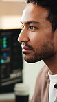 Coding, computer and man in agency with reading, software test and bug fix in web development. Review, glasses and programmer with tech, database inspection and script creation in app engineering.
