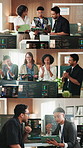 People, programming or team with applause for software development, success or app launch. Collage, group project or employee clapping with tablet for computer science or data management in workplace