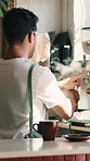 Man, barista and steam with coffee machine in cafe for caffeine brewery, order or customer service. Person, small business or latte artist with milk for cappuccino, hospitality and owner in shop