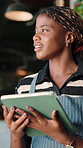 Thinking, black woman and waitress with tablet in cafe with research, inventory or online menu update. Ideas, digital technology and barista in coffee shop for order on website for customer service.