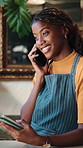 Phone call, woman and waiter with tablet in restaurant for menu update, reservation or communication. Tech, happy black person and conversation in small business for booking, guest list or schedule