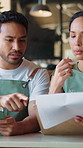 Clipboard, management and people with tablet in cafe together for budget or planning. App, finance review and chat with store owner team in coffee shop or restaurant for small business strategy