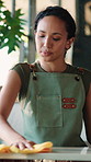 Woman, waitress and cleaning at cafe with cloth, hygiene and remove dirt to prevent contamination. Person, barista or wiping counter at coffee shop for cleanliness, surface sanitation and maintenance