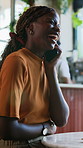 Remote work, phone call and woman in cafe, laugh and communication with contact or public relations. Freelance, publicist and happy person with mobile, networking and project updates with technology