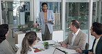 Presentation, tablet and businesswoman with team in office for planning revenue growth with investment. Tech, meeting and financial manager with advisors for training on stock market in workplace.