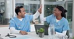 Nurses, laptop and high five with team for medical support, laughing and thank you for help. Happy people, healthcare workers and success with computer in clinic, goal achievement or celebration