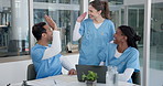 Nurses, laptop and high five with team for healthcare support, excited and thank you for help. Happy people, medical workers and success with computer in clinic, goal achievement and fist pump