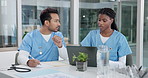 Nurses, laptop or clinic meeting with medical records, care coordination or EHR for discharge plan. Health team, people or discussion with tech in office for file review, outpatient referral or admin