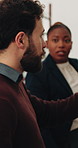 Architect, people and discussion on site with property management, maintenance and renovation advice. Team, real estate manager and talk with plan for building architecture, project and remodeling.