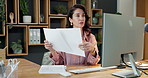 Computer, document or business woman in office with idea, reading review or typing accounting report. Desktop, mature person or accountant with paper for budget comparison, finance or problem solving