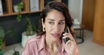 Finance, phone call and smile of accounting woman in office for advice, consulting or feedback. Conversation, happy and thinking with mature financial advisor at work for mobile communication