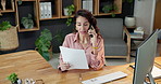 Documents, finance and phone call with accounting woman in office for advice, consulting or feedback. Happy, paperwork and reading with mature financial advisor at work for communication or update