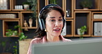 Headphones, video call and businesswoman in office with computer for communication or finance webinar. Happy, waving and financial manager with tech for online meeting for investment planning.