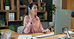 Waving, video call and businesswoman in office with computer for communication or finance webinar. Headphones, professional and financial manager with tech for online meeting for investment planning.