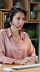 Woman, typing and virtual assistant in office with computer, discussion and customer service report. Consultant, mature person and speaking in business with desktop, online contact and admin support.