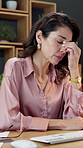 Woman, finance and tech in office with headache, eye strain or stress for budget error in business. Mature consultant, glasses and pain in firm with account issue, missing funds or crisis at keyboard